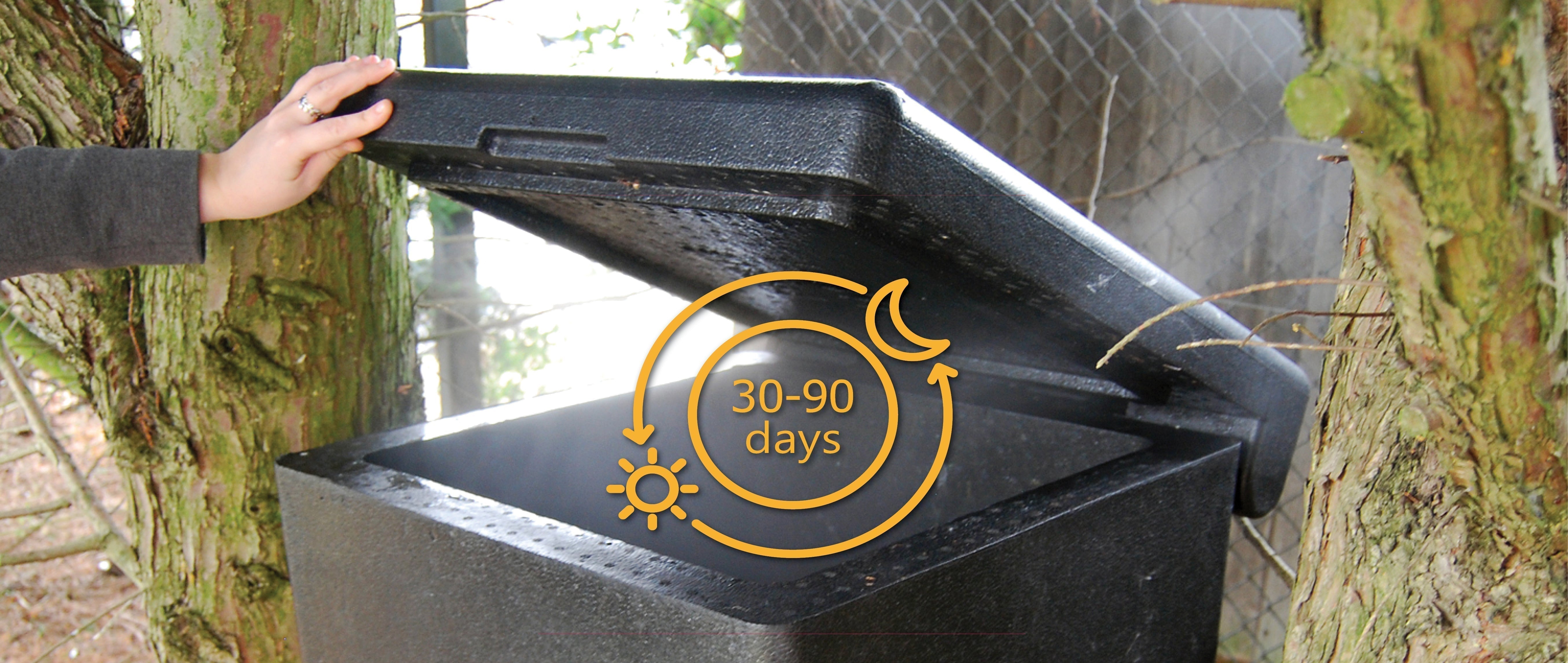 HOTBIN hot composting bin with lid open, showing a 30–90 day composting cycle graphic for faster home composting.