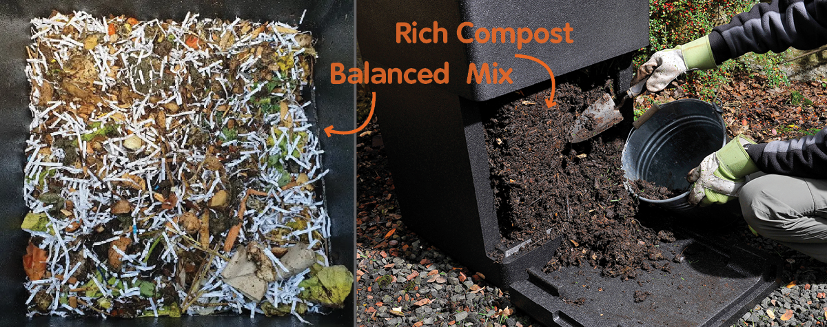 HOTBIN composting process showing a balanced mix of food scraps and shredded paper turning into rich compost.