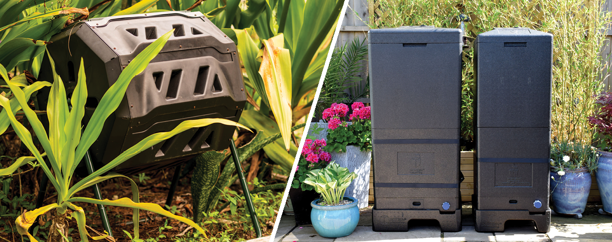 Tumbler composter compared with HOTBIN composters in a garden, showing a rotating compost bin on the left and two HOTBIN units on the right.